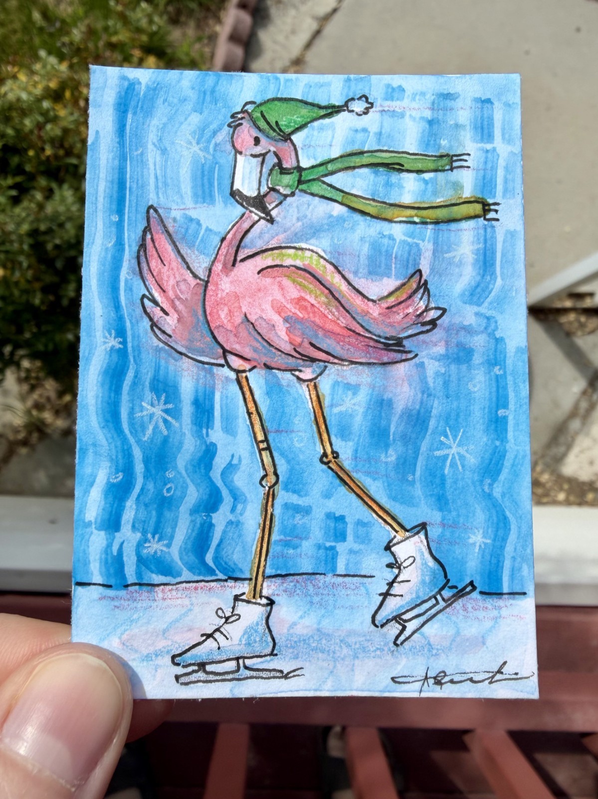 Original ACEO Flamingo Skates Painting by Alannah Dyer- Mini Art 2.5×3.5 in. Ice