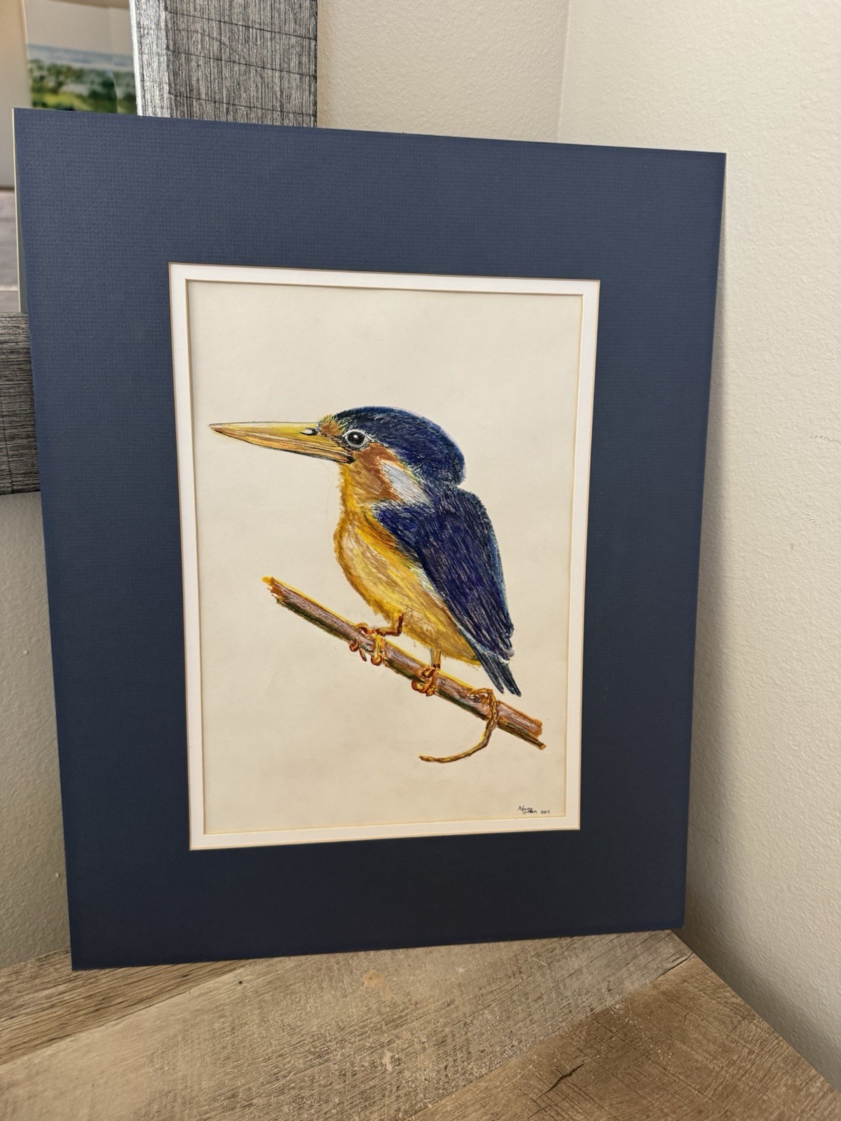 Original Bird Painting Drawing Wall Art Blue Yellow Birds Kingfisher