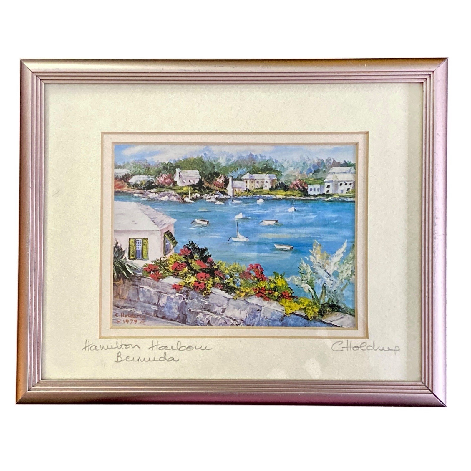 Signed Tropical Beachcore Coastal Framed Watercolor Litho Seaside Nautical 10×8