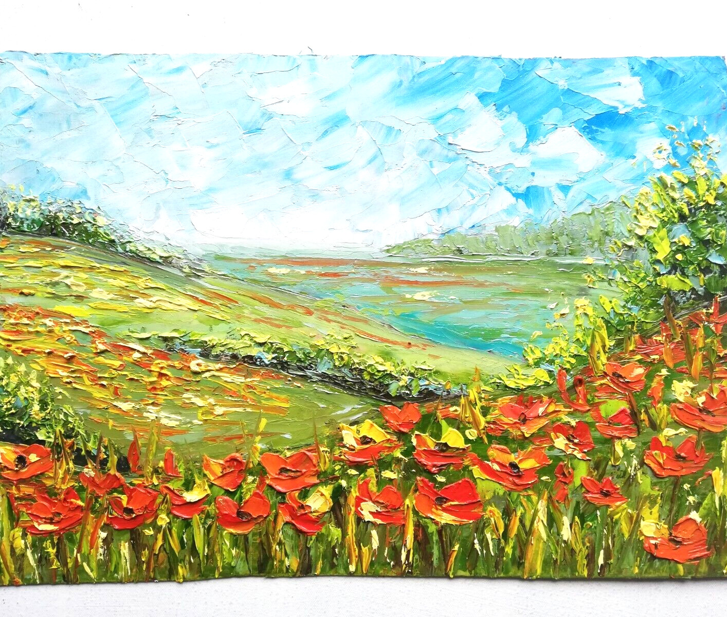 Abstract Landscape Oil Painting. Poppy Field And Forest Painting. Without frame.20х28 cm