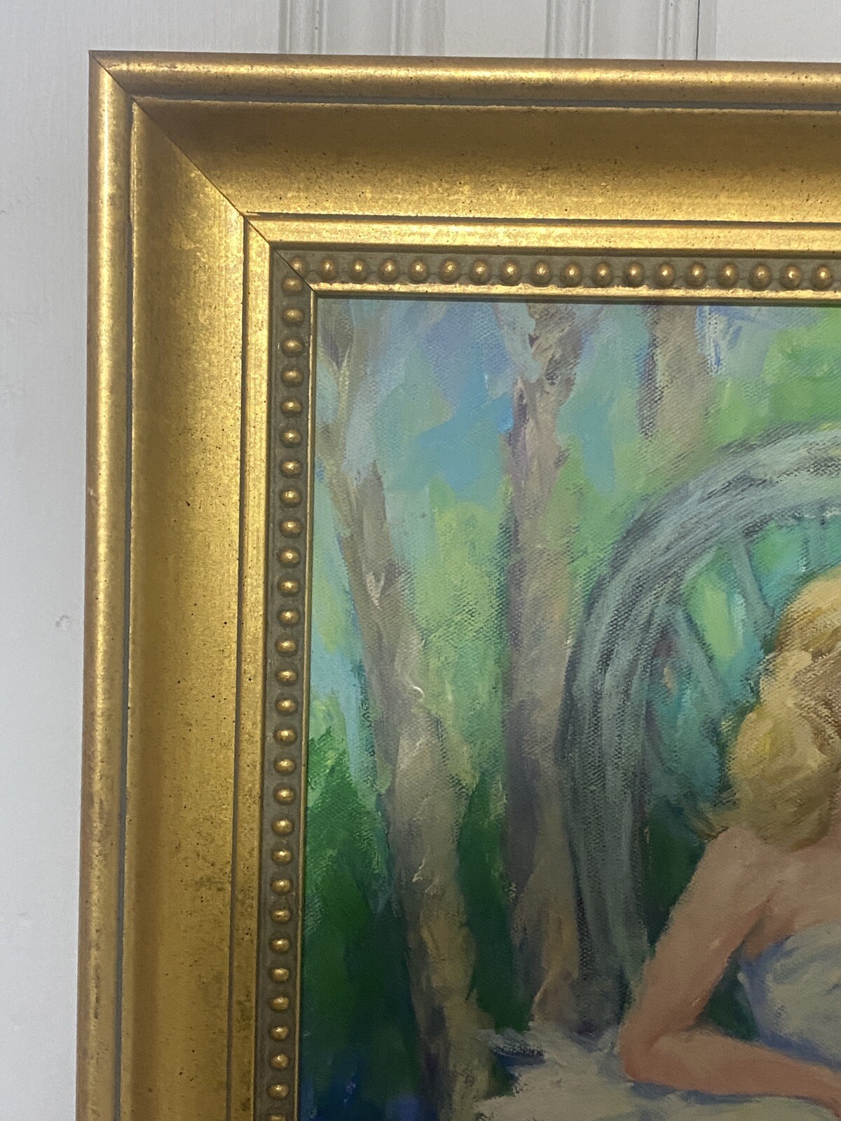 1989 Large Audrey Dillard Original Oil on Canvas Framed Flower Cat Woman Scene