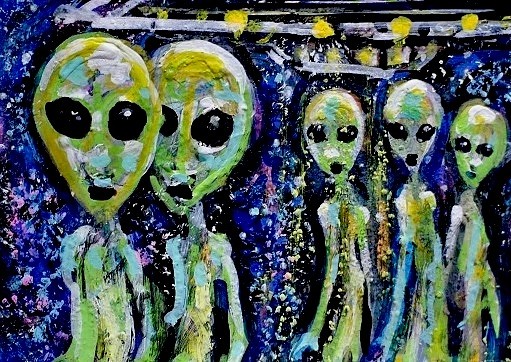 Original ACEO Painting ALIEN Spaceship Stars ET Martian Universe UFO ATC ART