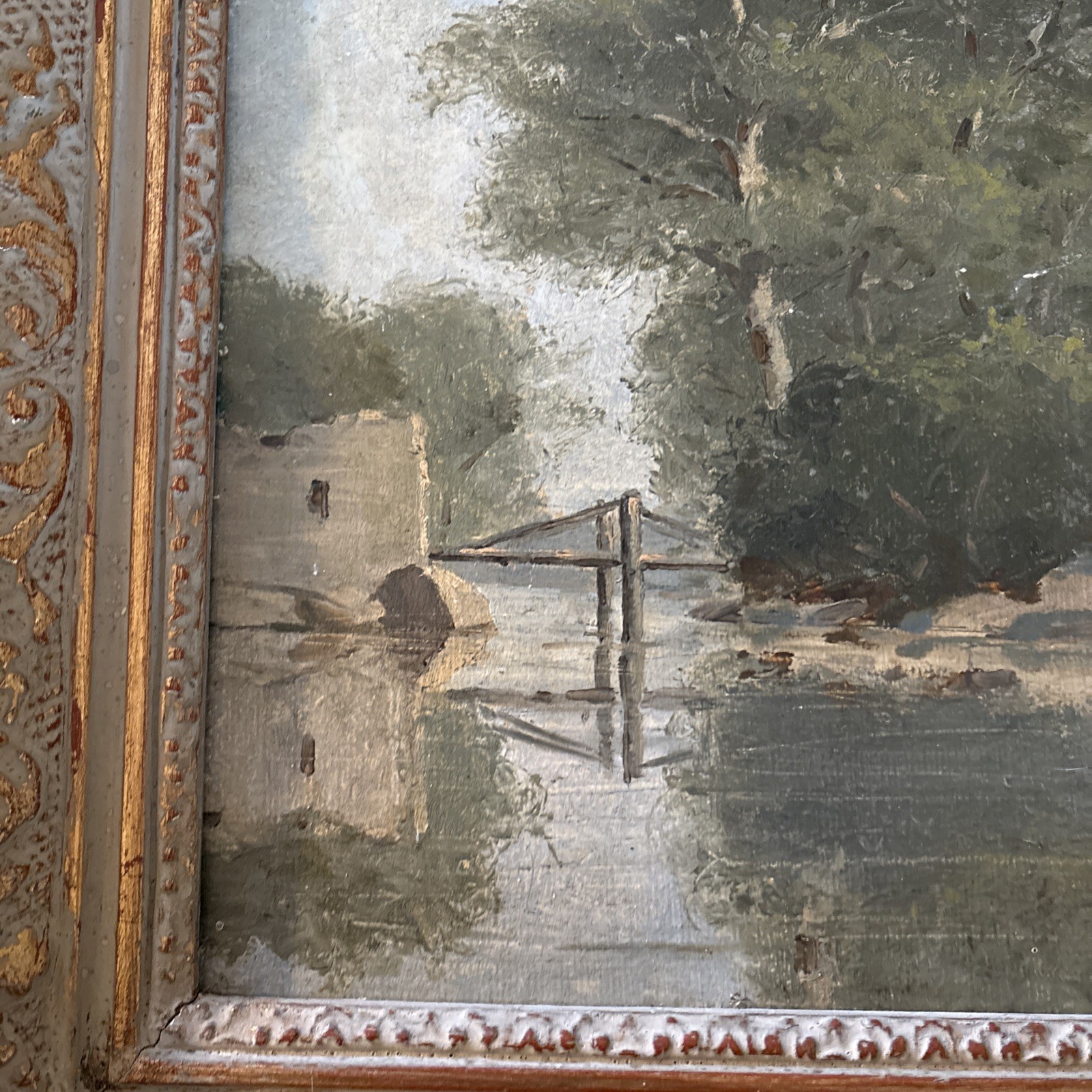 French Style impressionist Oil painting Landscape Stone Bridge Over River 11.5×9
