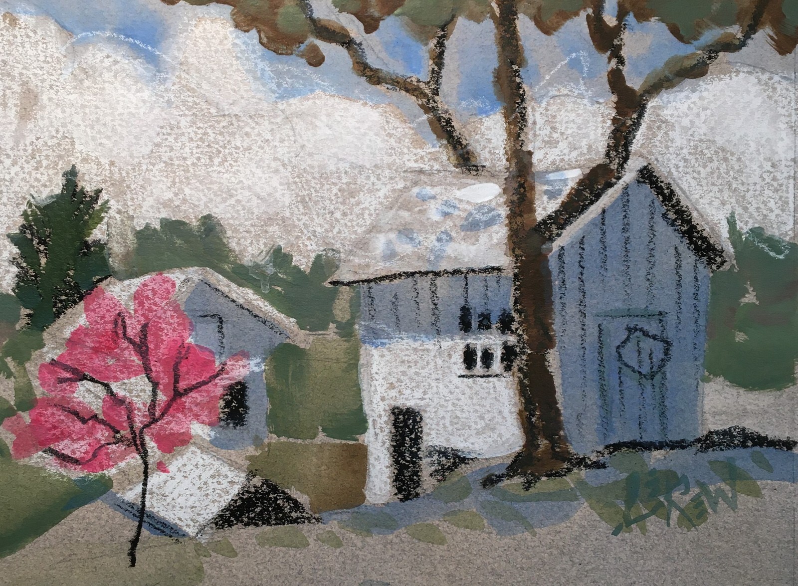Larry Lerew painting impressionism collectible original redbud tree barn COA