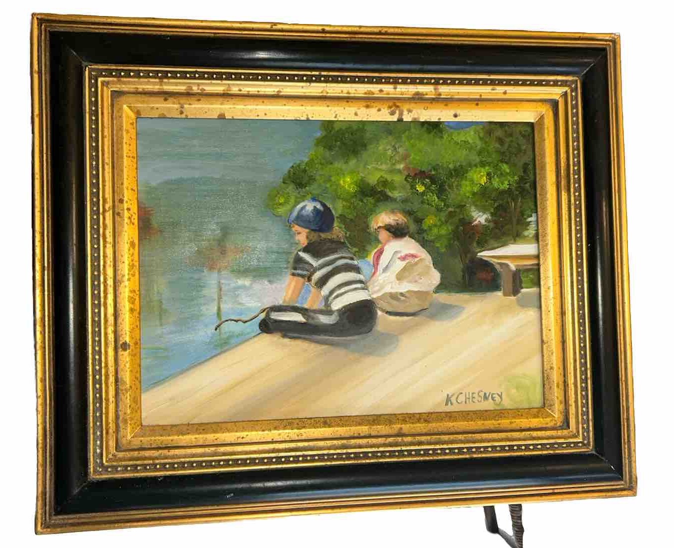 VTG K Cheney Dock Fishing Impressionist Kids Canvas Framed 18.25”x22.5” Boy Girl