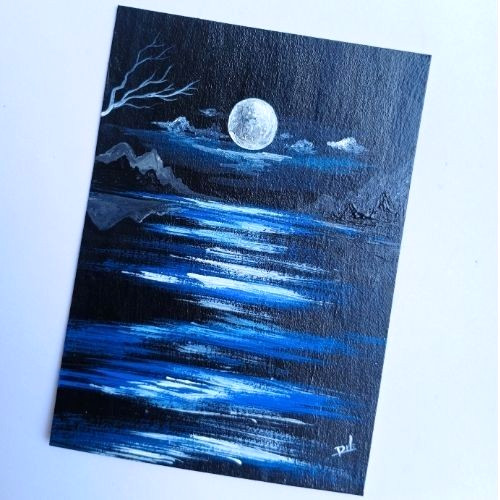 ACEO Original Landscape Nature Sky Night Moon Acrylic Art Card Hand Painting NEW