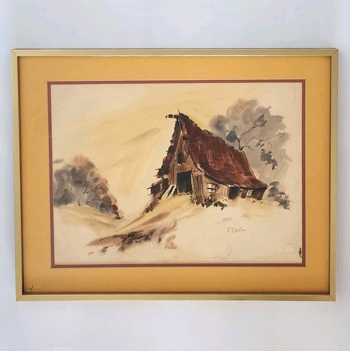 Vintage Original Barn Watercolor Painting Virginia Dicken Signed Impressionist