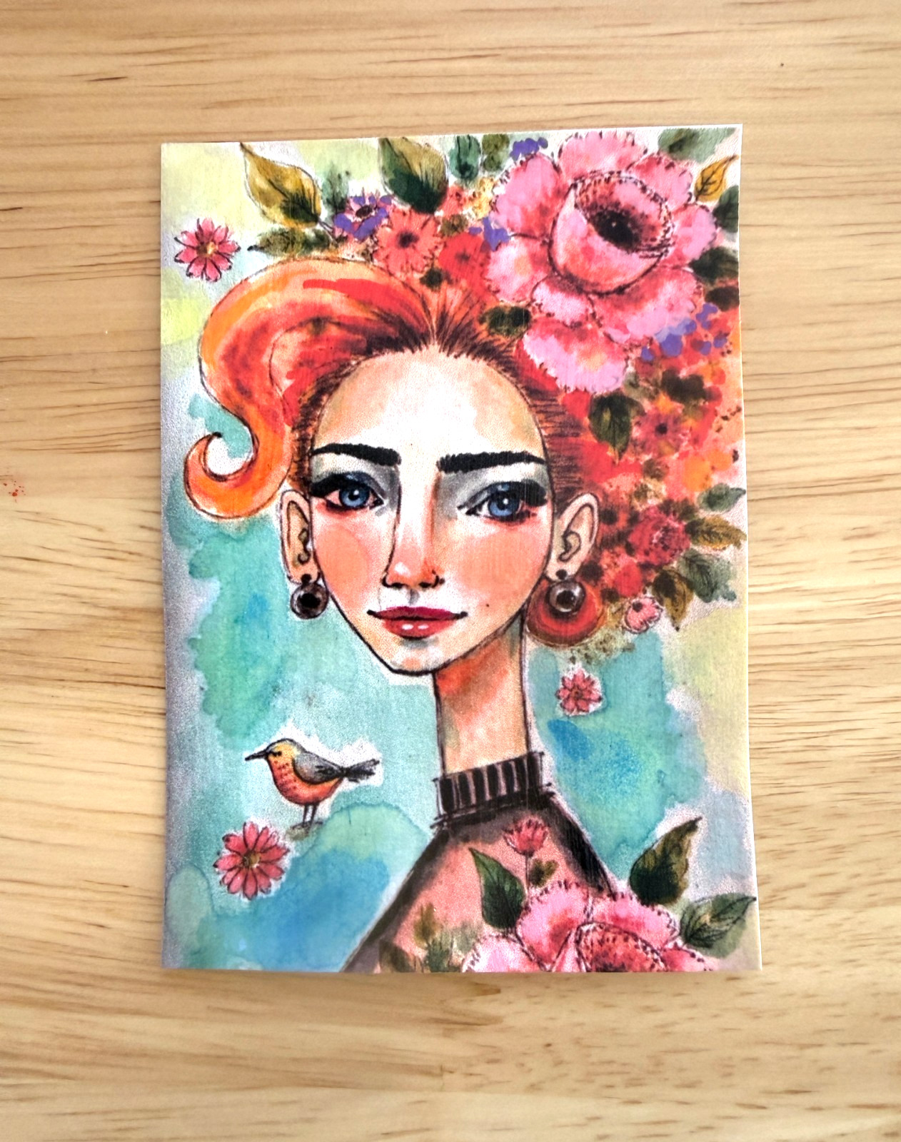 OOAK Floral Girl & Bird ACEO Watercolor Mixed Media Art Card by AdriO Signed