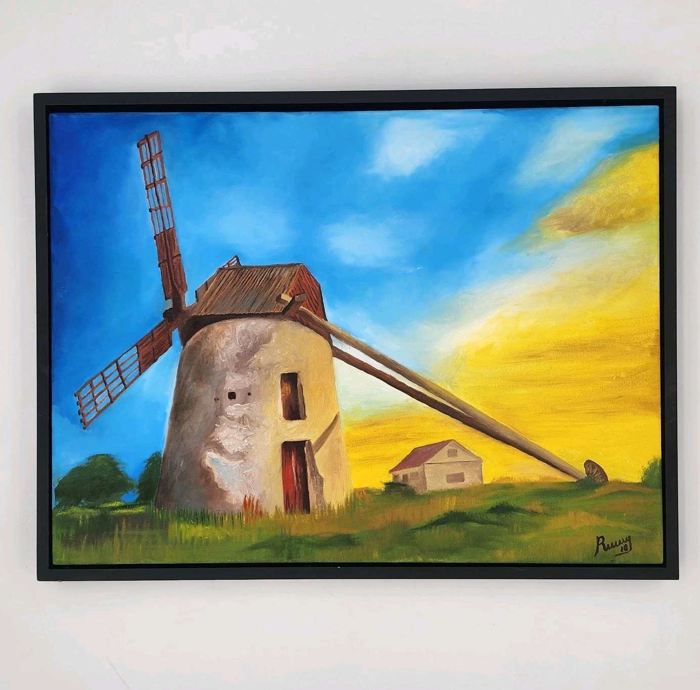 Finished Paint By Number Windmill Sunset Oil Painting Dutch Landscape Framed PBN