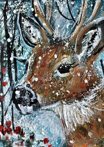 ORIGINAL ACEO Deer Painting BUCK Winter Snow Animal Landscape Pine Tree ATC ART