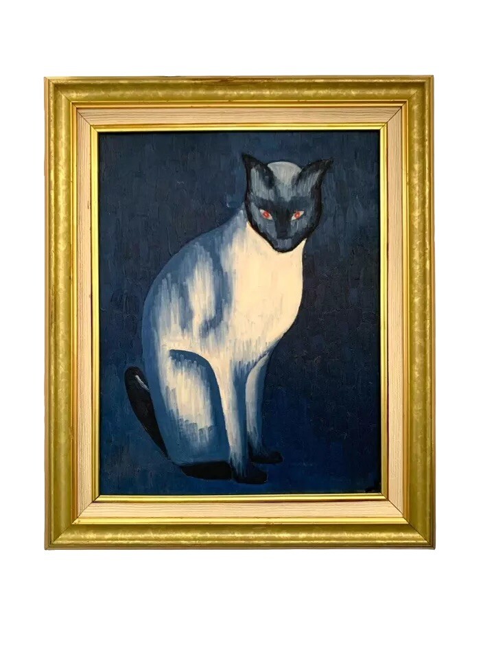 Cat Painting Siamese Signed and Framed Vintage Art Decor Gift