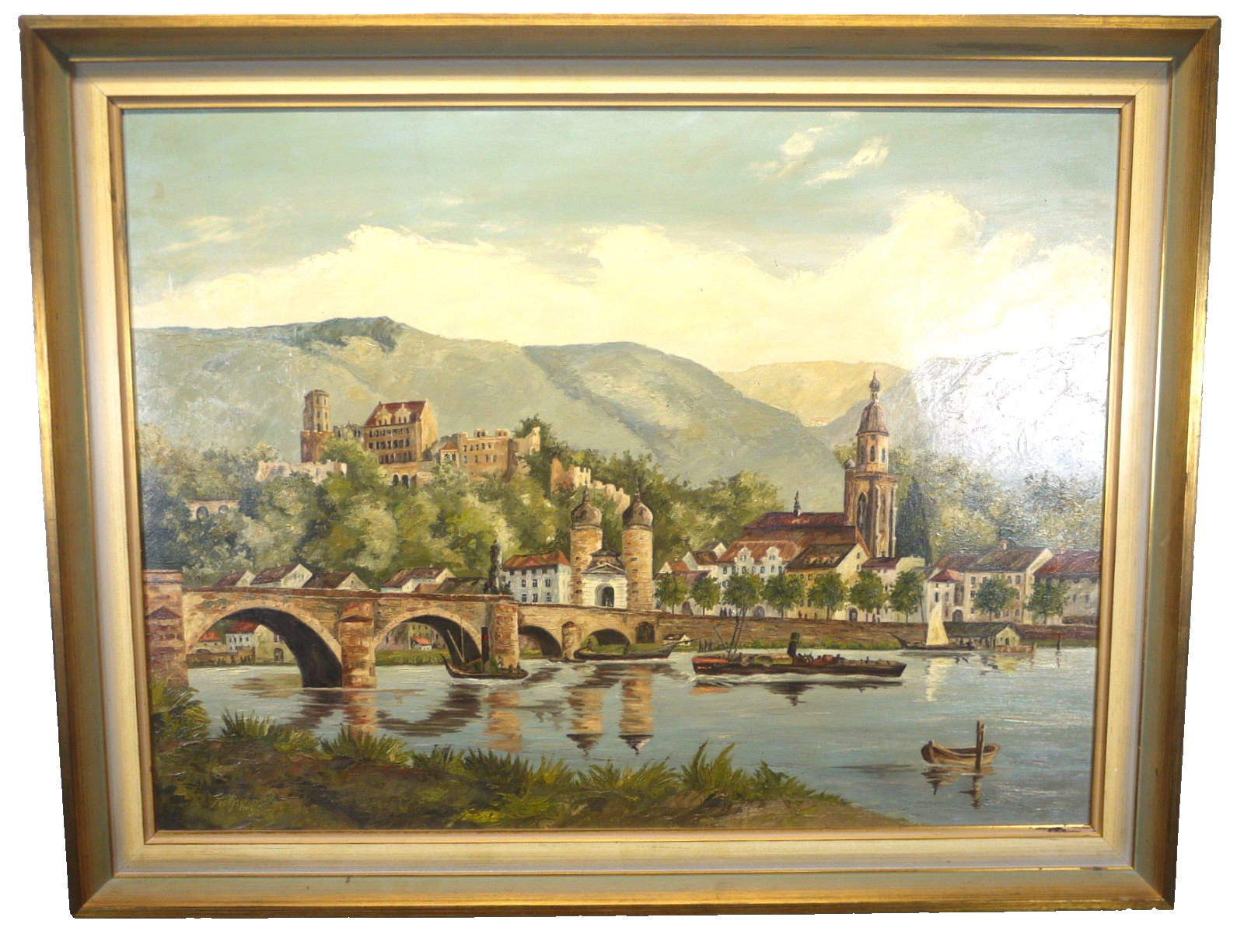 1960 German Landscape Heidelberg Bridge CASTLE Oil PAINTING Signed Kretschmar ?