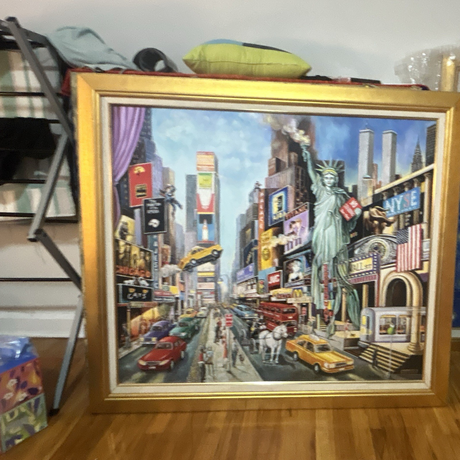 Large Framed Realism Painting New York Times Square Cityscape, Single Piece