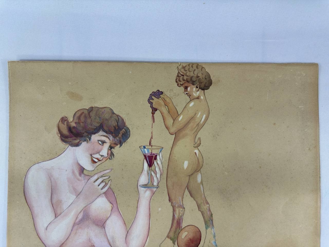 Original Art Nouveau Gouache Painting Monogrammed L.M. Woman Grapes Wine