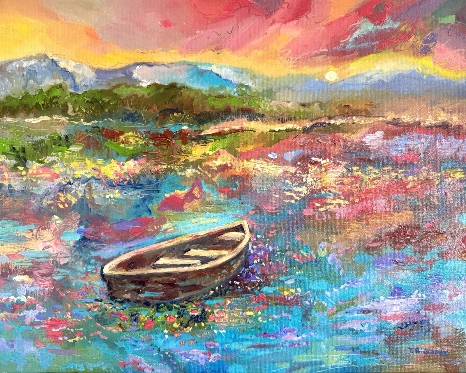 Boat oil painting ORIGINAL art Landscape Lake River Ocean Seascape Sunset 16×20