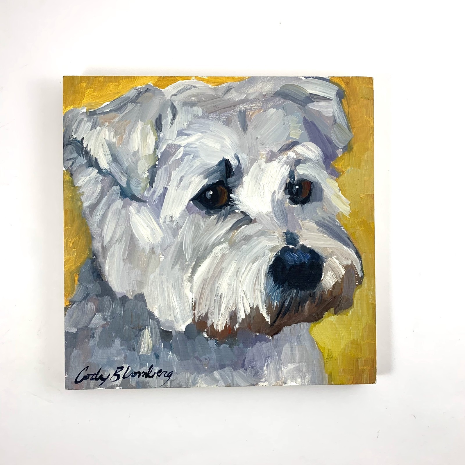 Original Dog Painting on Wood Panel Schnauzer Pet Portrait Cody Blomberg Artist