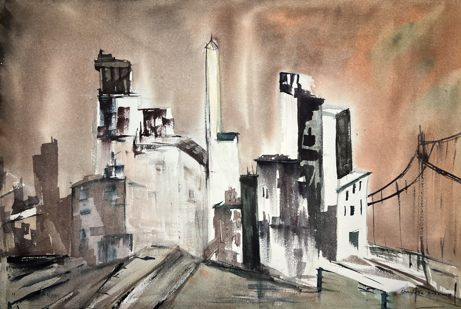 Charlotte Hoffman–Abstract Cityscape– Medium Size Mid 20th Century Watercolor