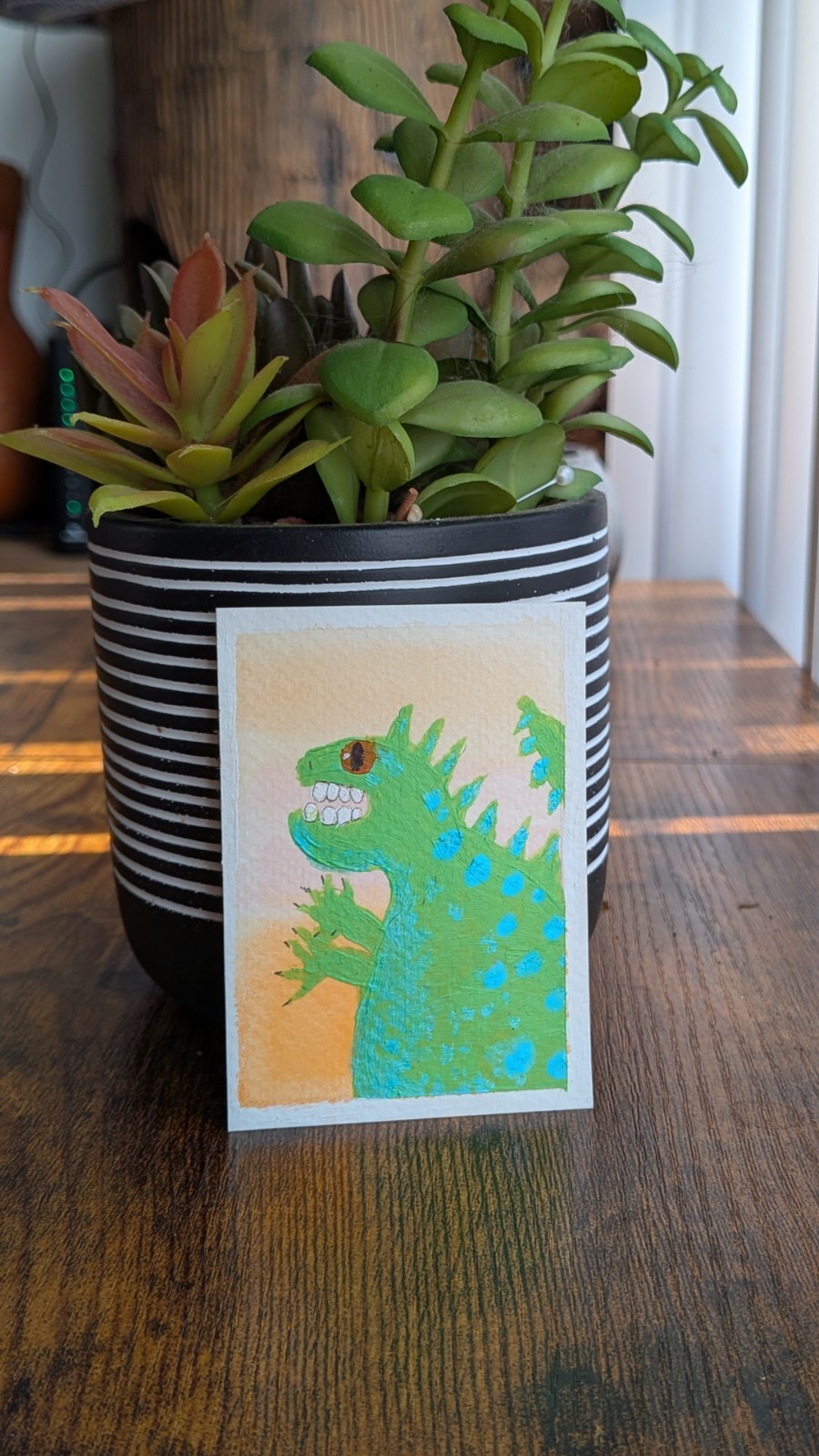 ACEO Original painting Green Dinosaur Adopt a Dino Series (grumpylizard)