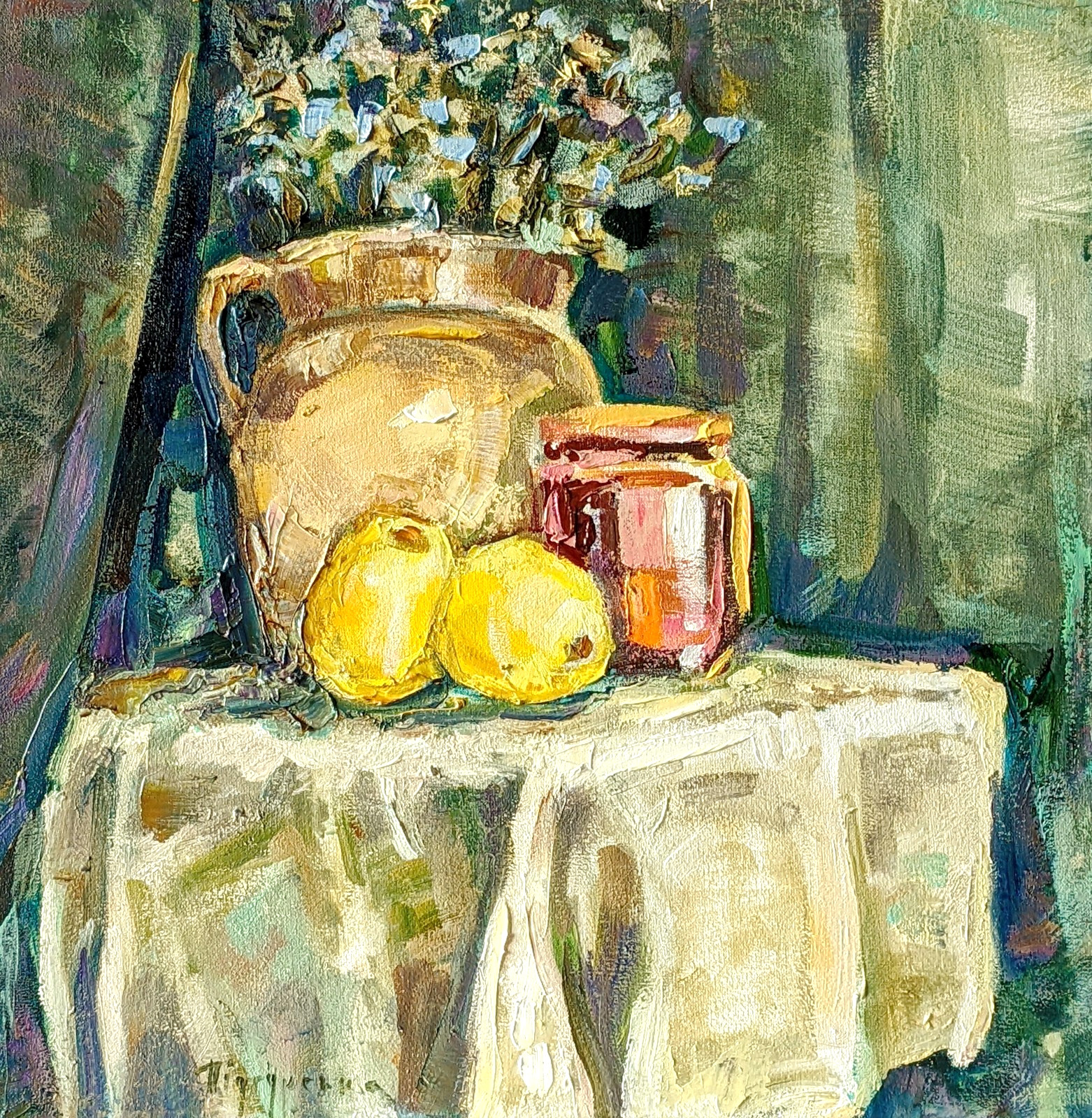 Original Textured Still Life Oil Painting Jam Jar Yellow Apples Flowers 16×16″
