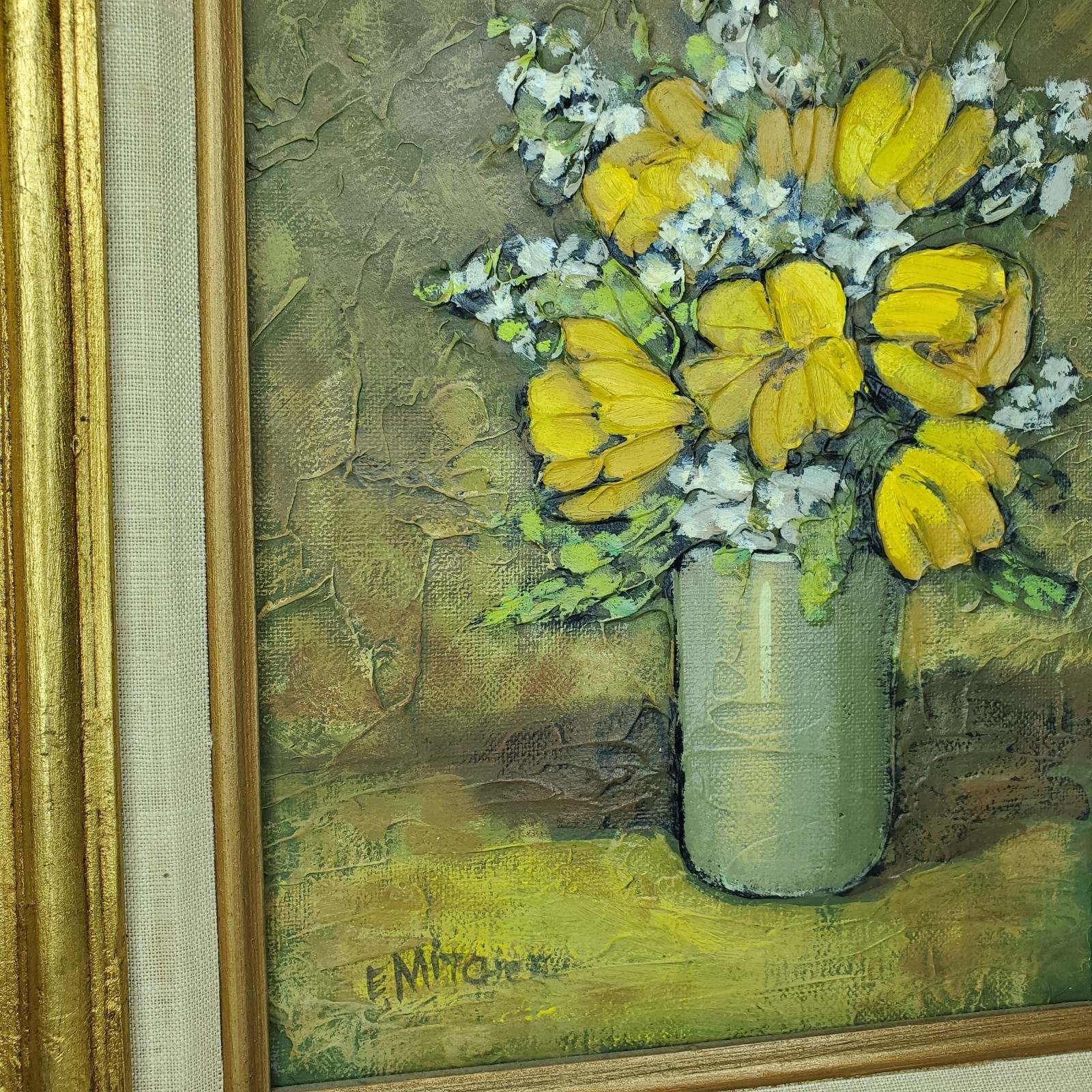 Oil Painting Yellow Tulips In Gray Jar Intricate Gold Frame Beautiful Art Signed