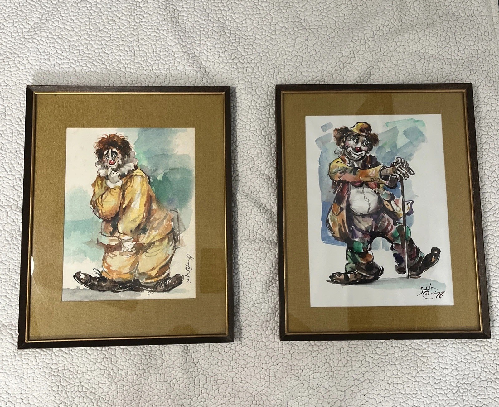 Vintage 70s Salvador Cabrera Clown Paintings Pair Of 2 ‘77 & ‘78 Framed Art