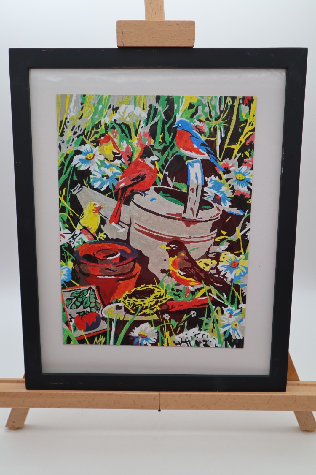 Completed Paint by Number Acrylic Framed Birds in Garden Colorful Nature
