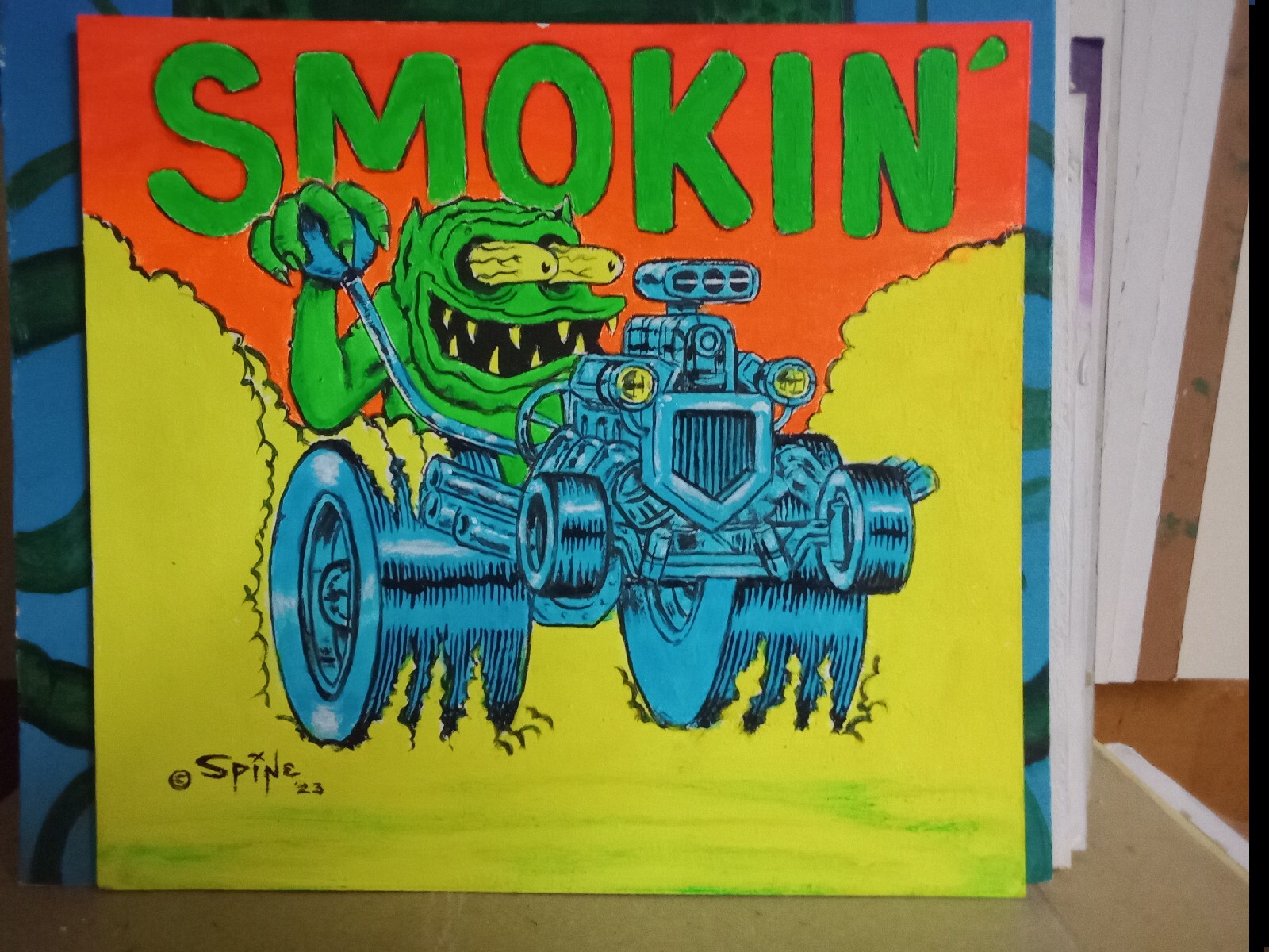 Original Art by Spine : Black Light Hot Rod SMOKIN’! Big Daddy Spine