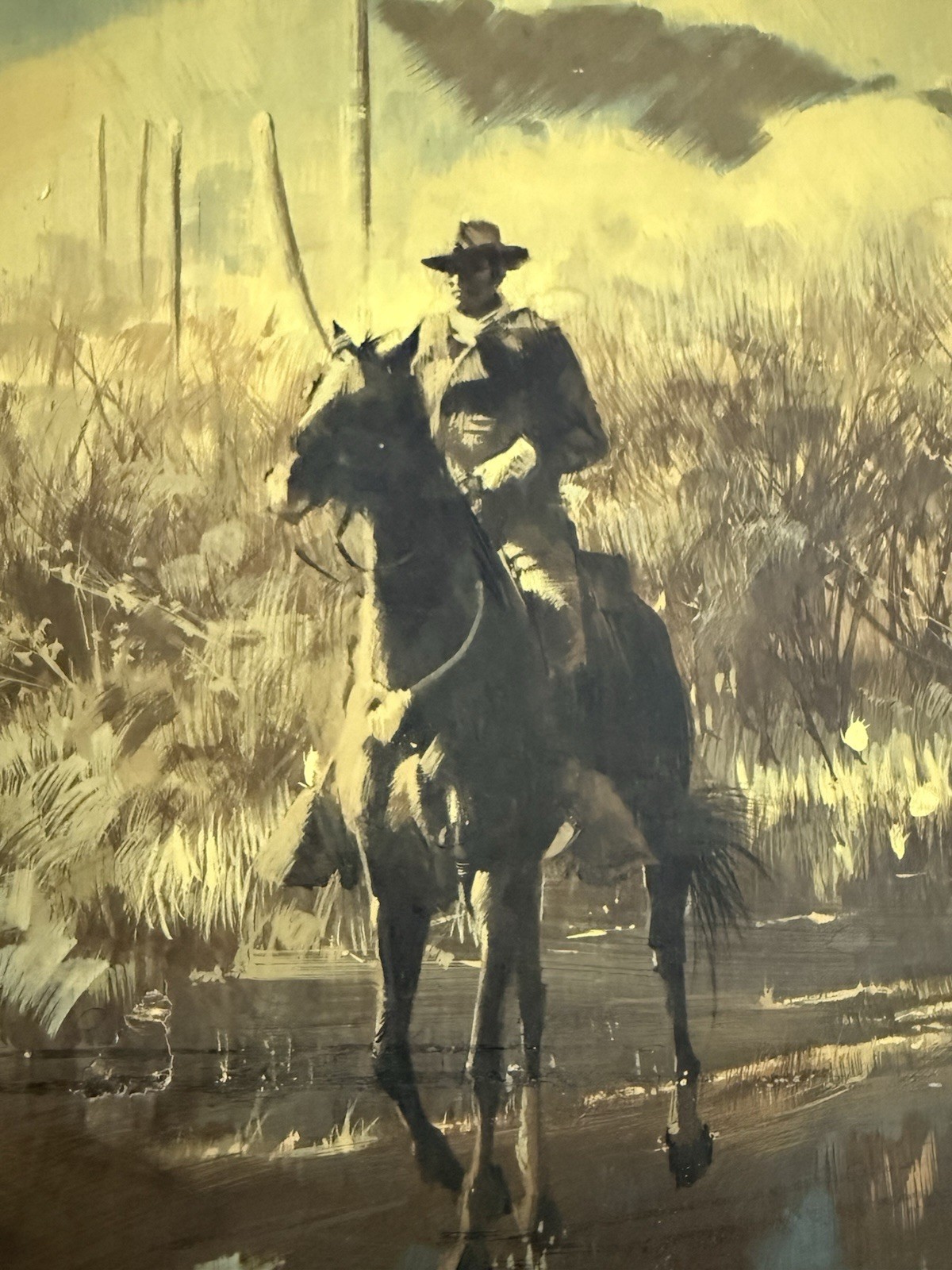 Original Painting Western Illustration Art Cowboy on Horse Desert 1970’s