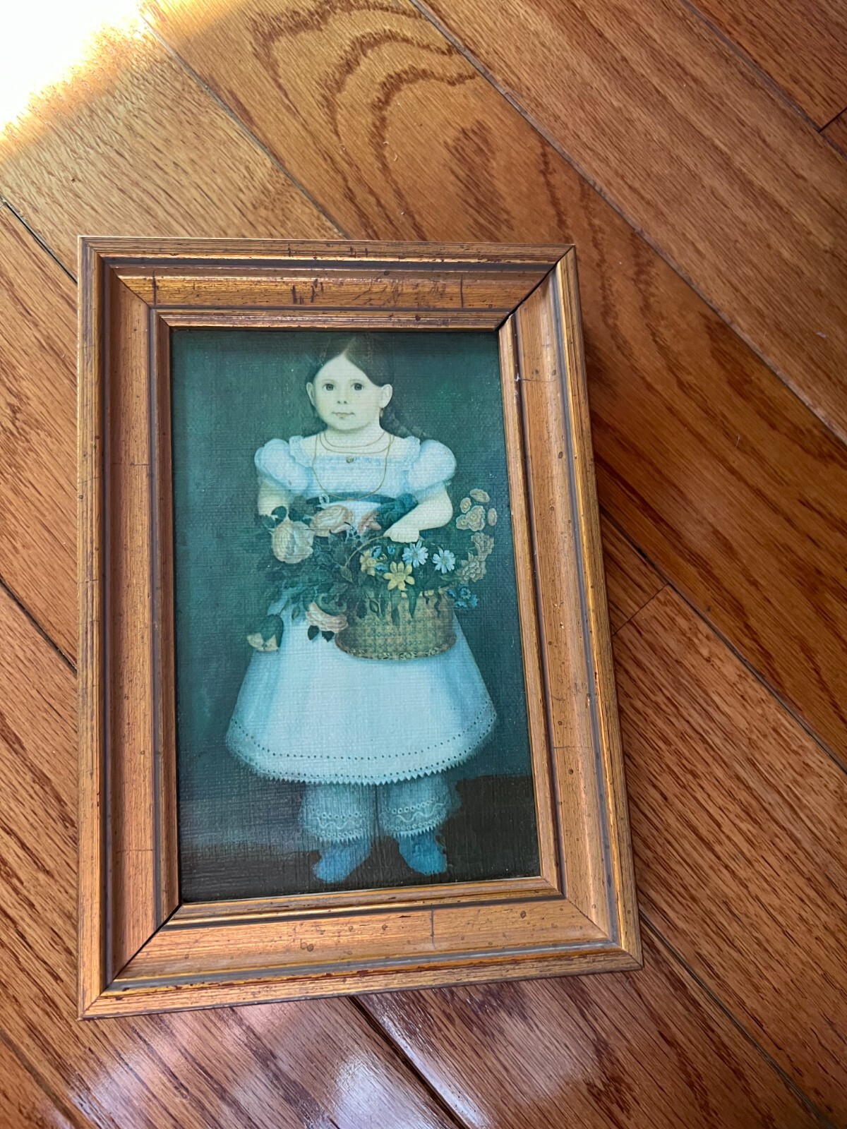 2 Prints Primitive Girl w Basket of Flowers, Boy w/Dog Framed Oil Painting