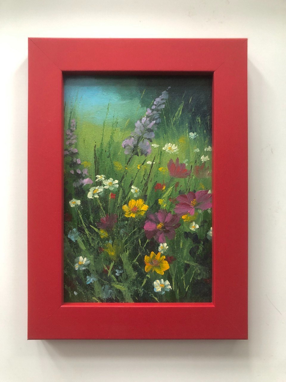 Original Oil Painting Frame Summer Meadow Flowers Miniature 4×6 in Signed