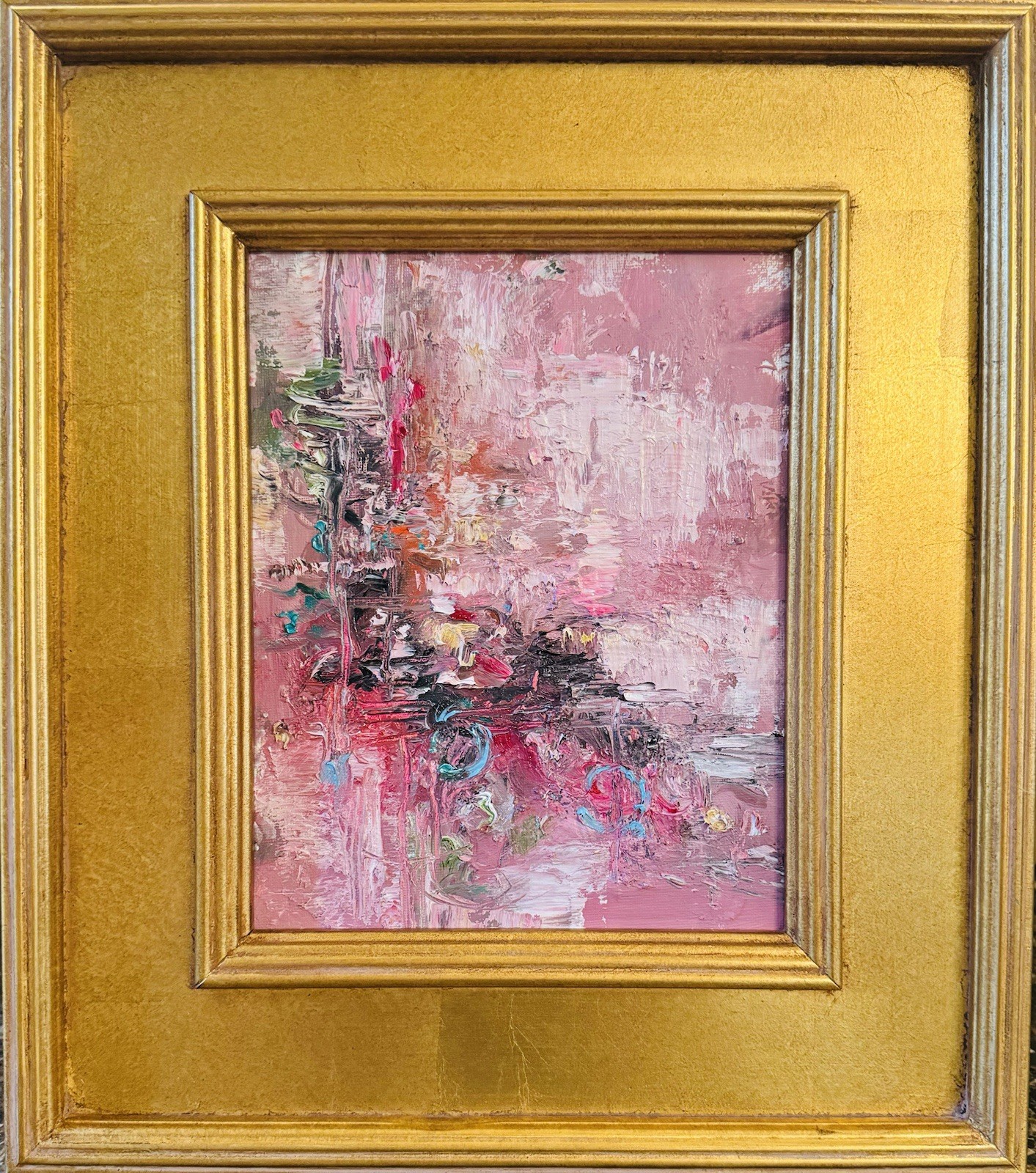 KADLIC Original Oil Painting Modern Abstract Landscape Pink Gray Gold Gilt Frame