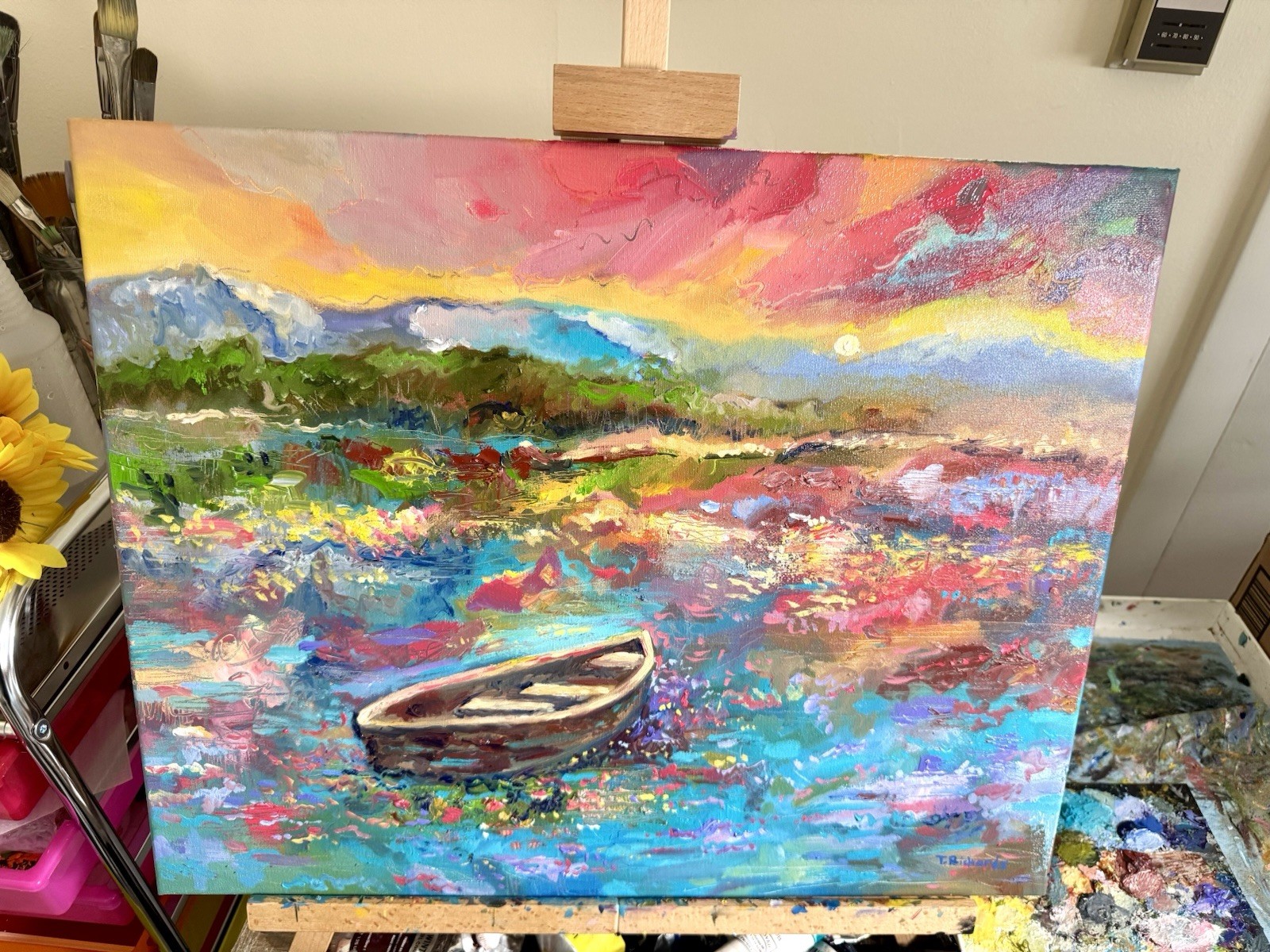 Boat oil painting ORIGINAL art Landscape Lake River Ocean Seascape Sunset 16×20