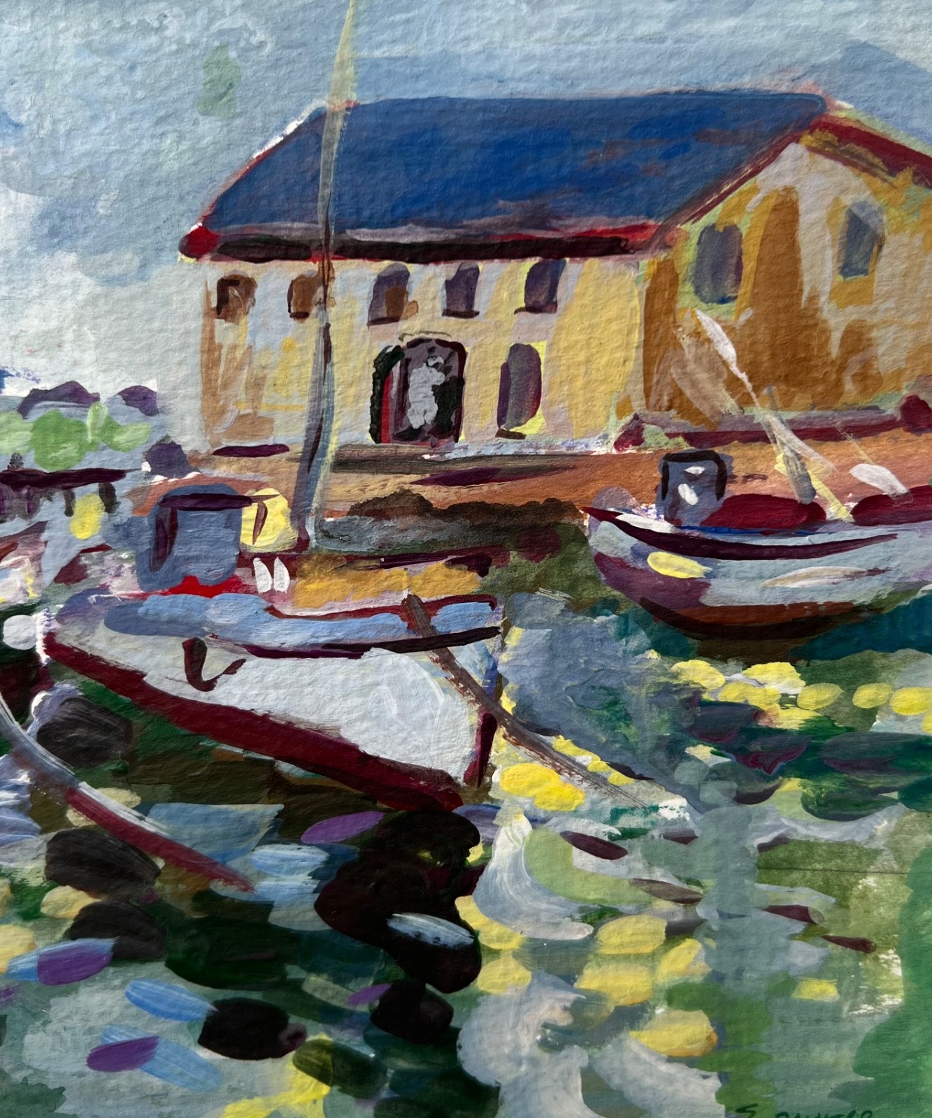 SUSANNE MILLS PAINTER CALIFORNIA PAINTING COASTAL SCENE HARBOR BOATS VINTAGE ART