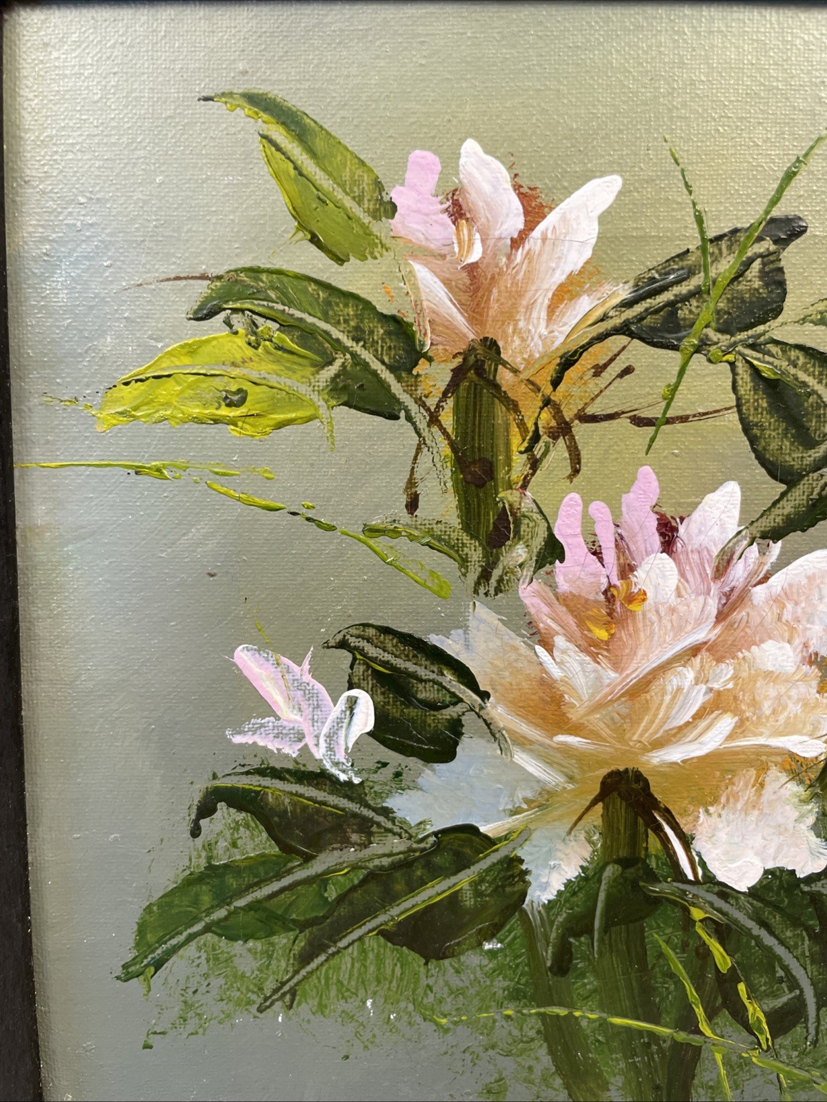 Japanese Floral Oil Painting Art On Canvas, Framed, Signed 11.5” x 9.25”