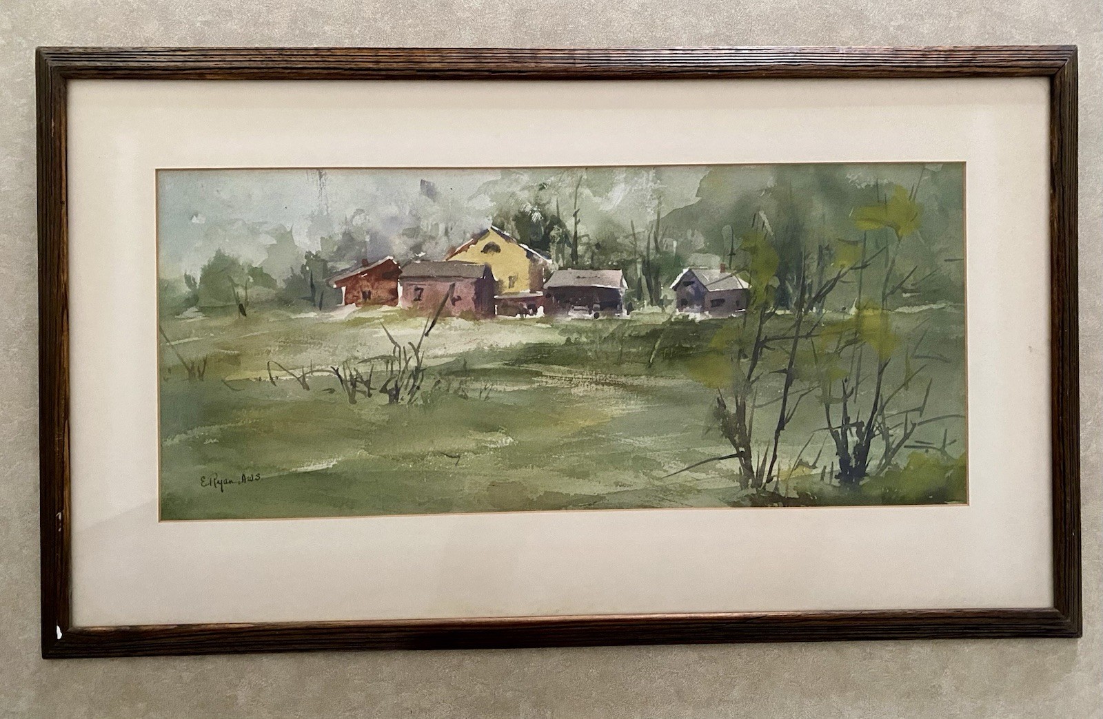 Antique Farmhouse Watercolor by E. Ryan Signed & Framed 15×27