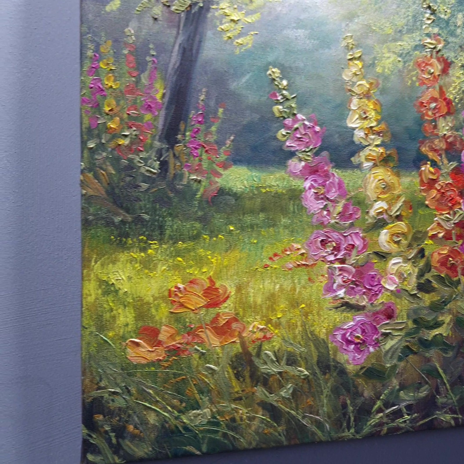 Colorful Hollyhocks Oil Painting Original Garden Flowers Wall Art Canvas 10×10