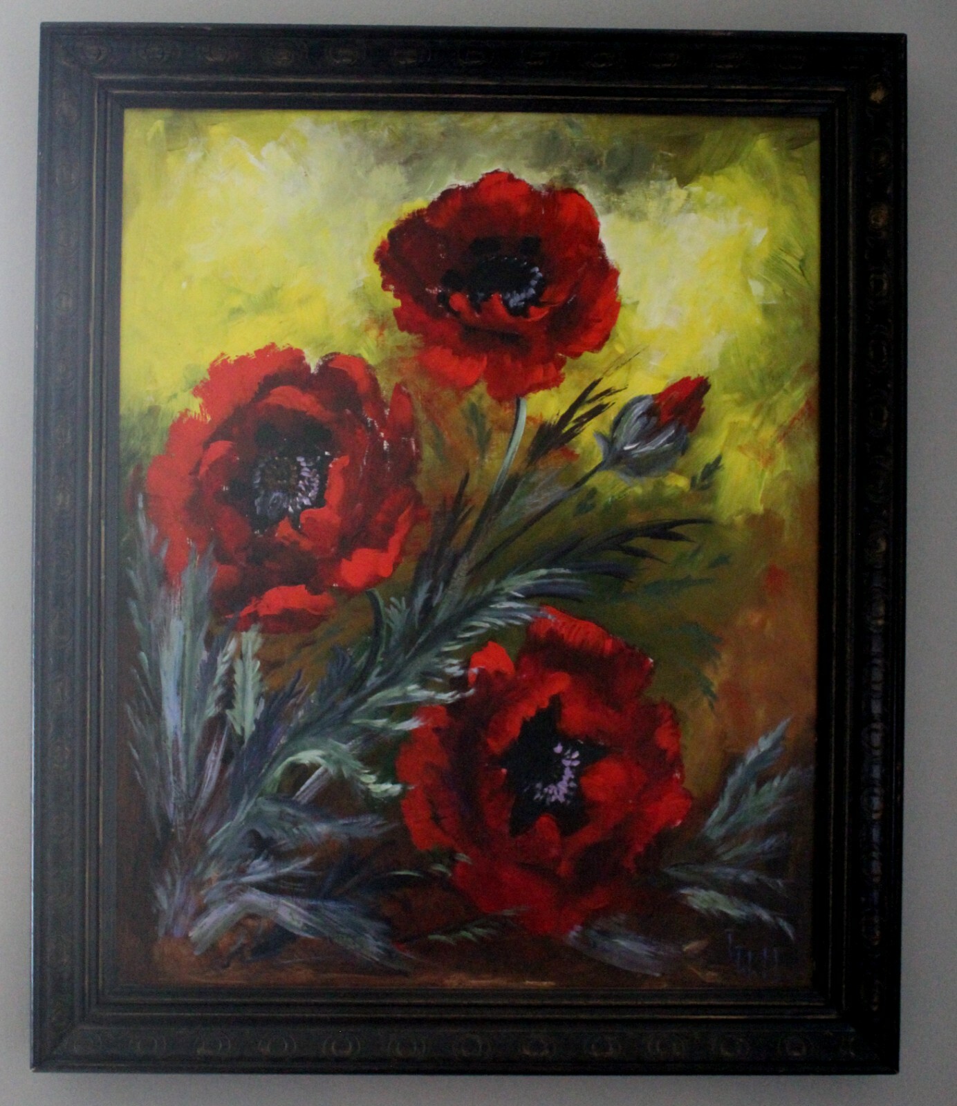 VINTAGE SIGNED WEBB? OIL MASONITE BOARD RED POPPY STILL LIFE PAINTING 24 X 30