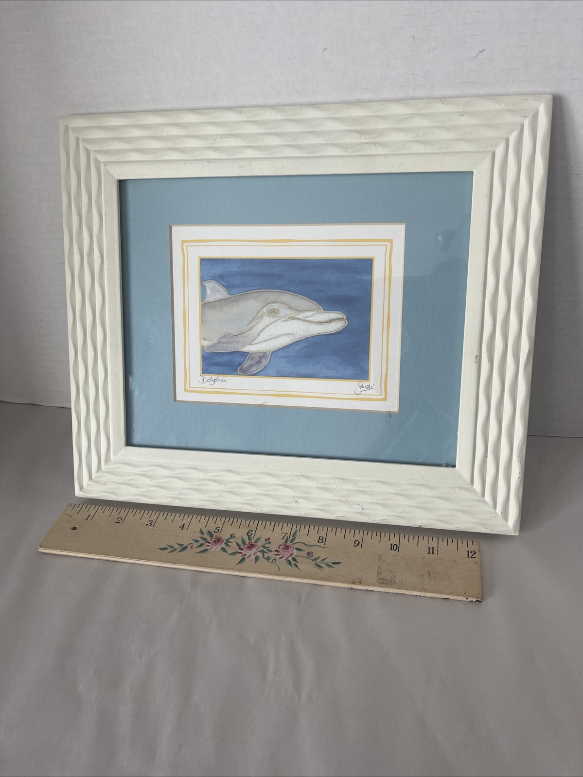 Dolphin Painting Signed Nautical Theme Watercolor Decor Matted Framed 13×11”