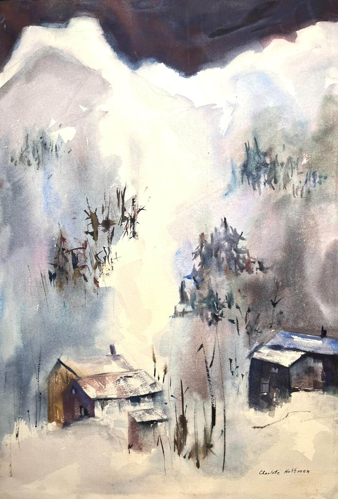 Snowy Village Landscape–Charlotte Hoffman–Medium Size Watercolor-Mid 20th NY Art