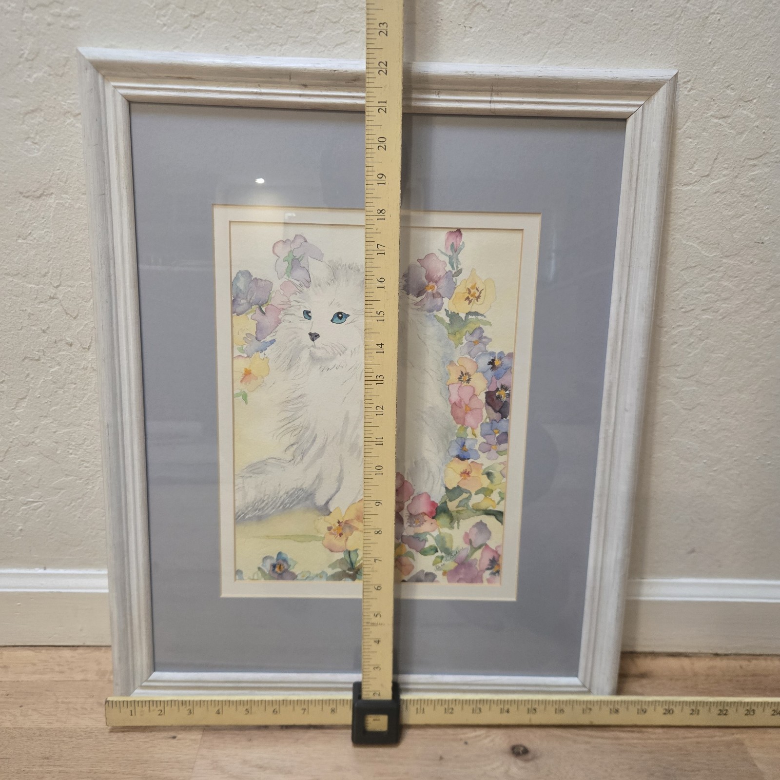 Vintage Persian Cat Floral Watercolor Painting ALICE BAKER Framed 22×18″