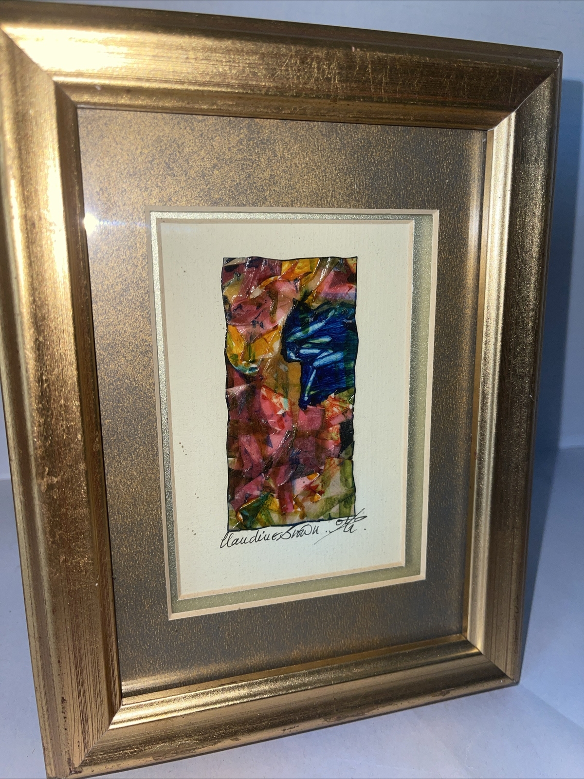 Abstract Painting Original Gold Gilt Framed Papier-Mâché 6.5×8.5” Wall Hanging
