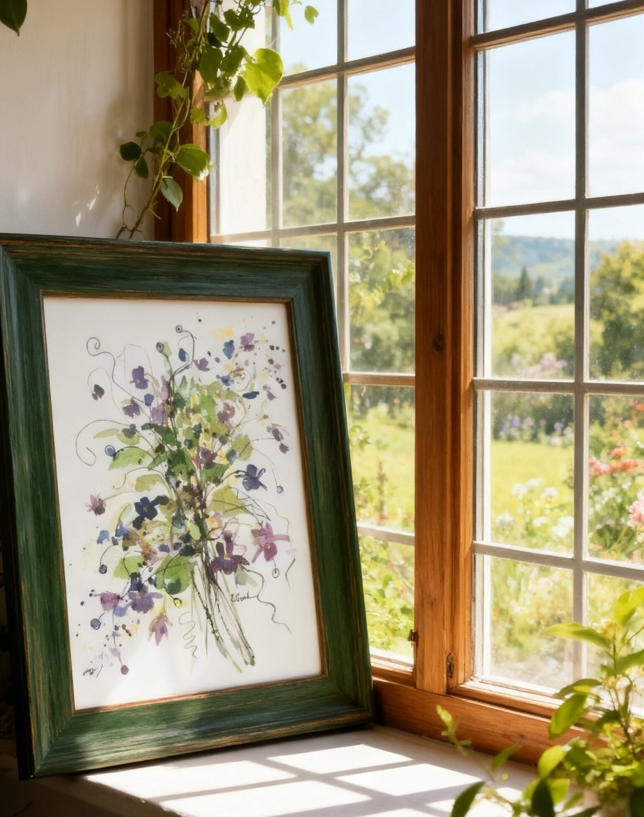 Original Signed Watercolor. Violets. Purple Flowers. Woodland. Moss.