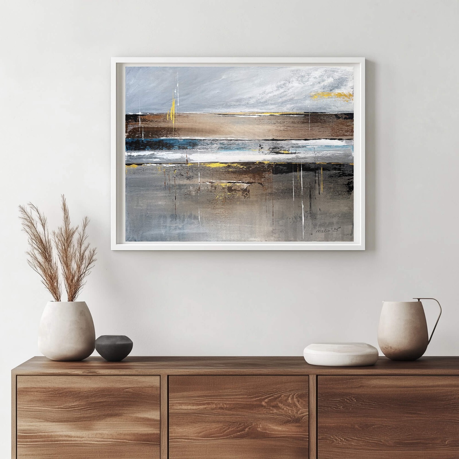 Original medium Abstract Hand painted Canvas warm beige grey bronz blue gold