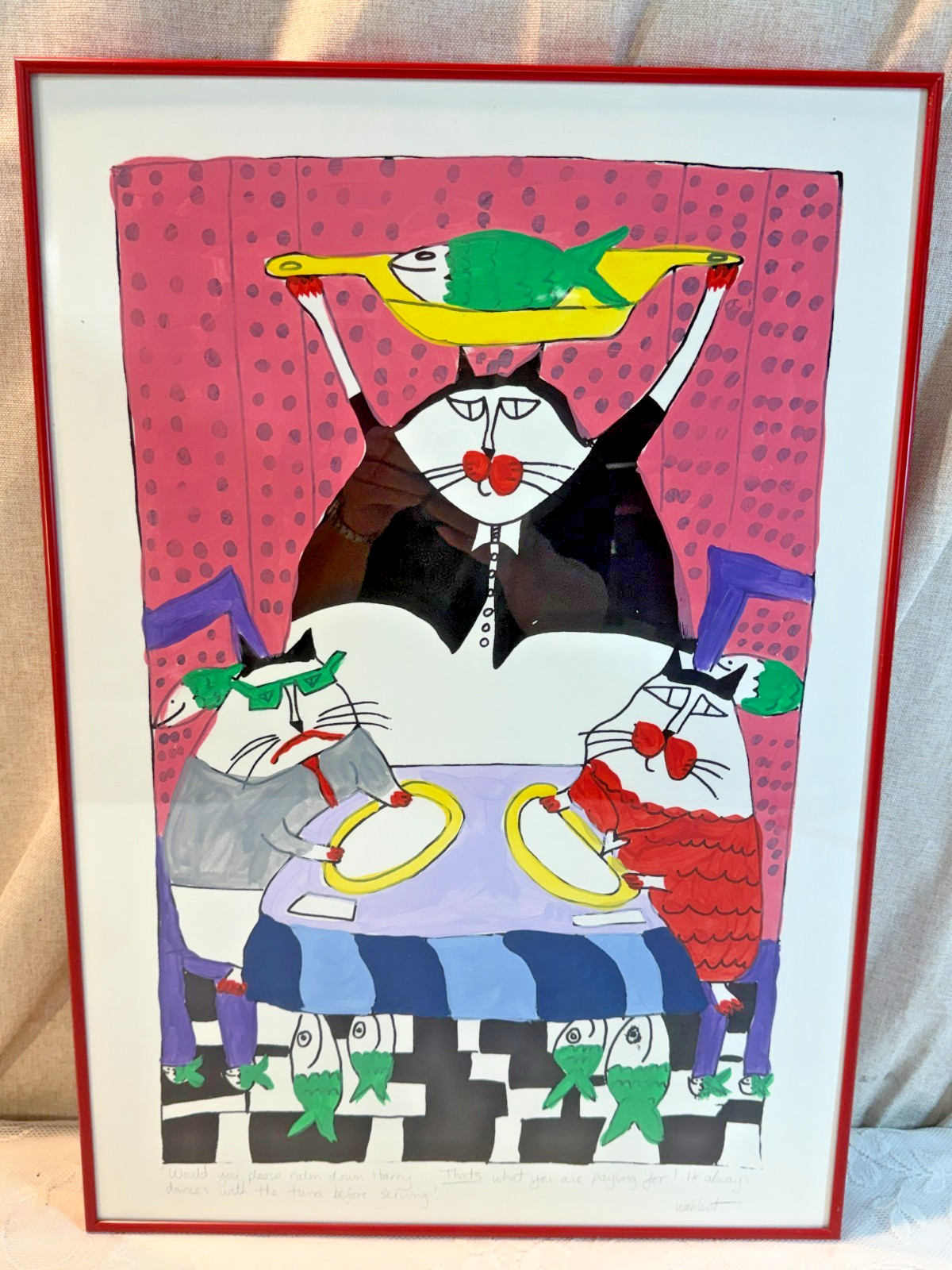 Vintage MARTHA WAHLERT Hand Painted Over Silk Screen CAT ART Framed CAPTIONED!