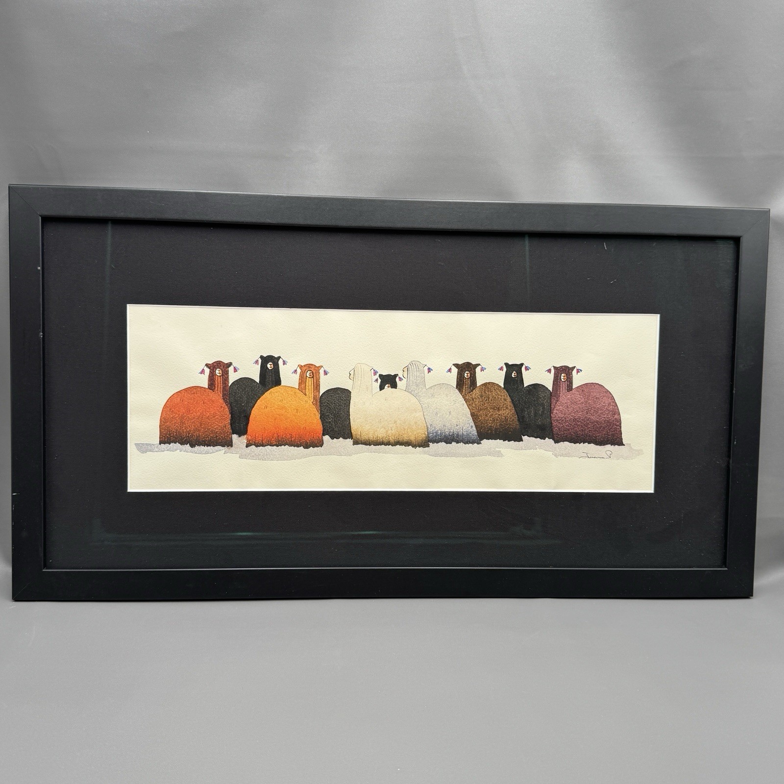 Pair Signed Peruvian Alpaca Llama Watercolors Folk Art Framed Andean Animals