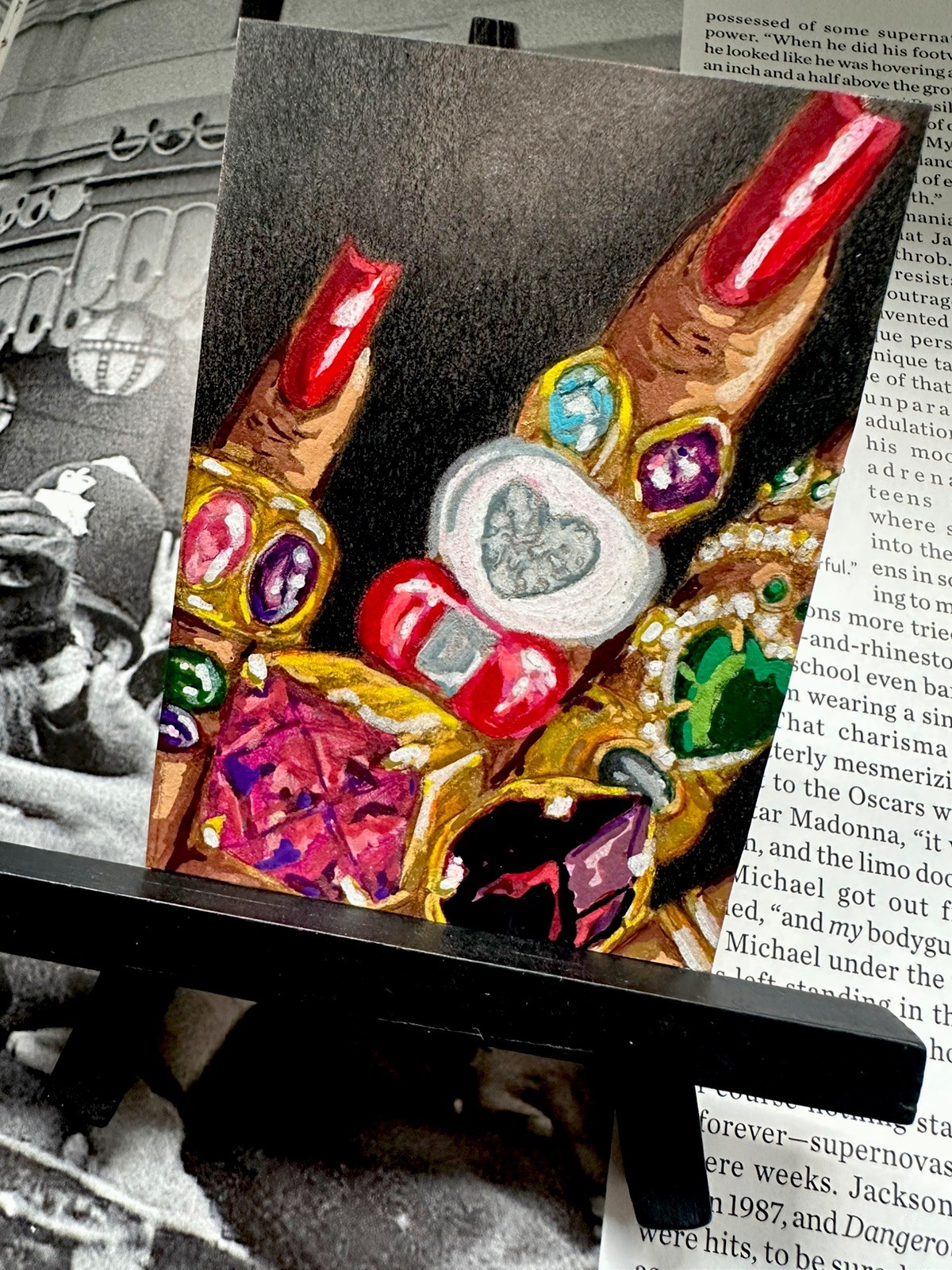 ACEO Original Edition Manicure Red Nails Jewelry Gold Rings Hand Painted Print