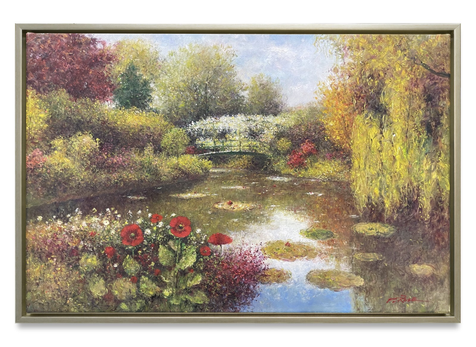 Hungryartist -Original Painting of Flower Forest &River on Canvas 24×36 Framed