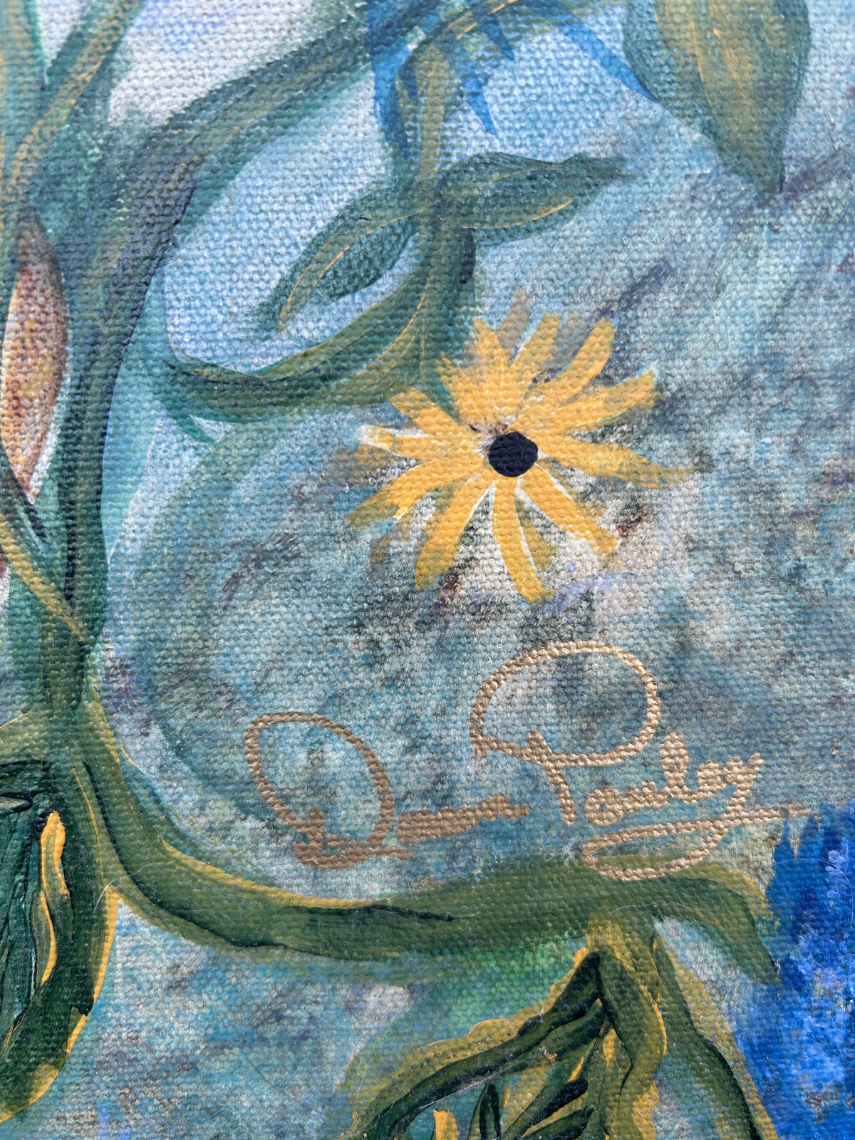 Large Post Impressionist Style Blue and Yellow Signed Painting On Canvas