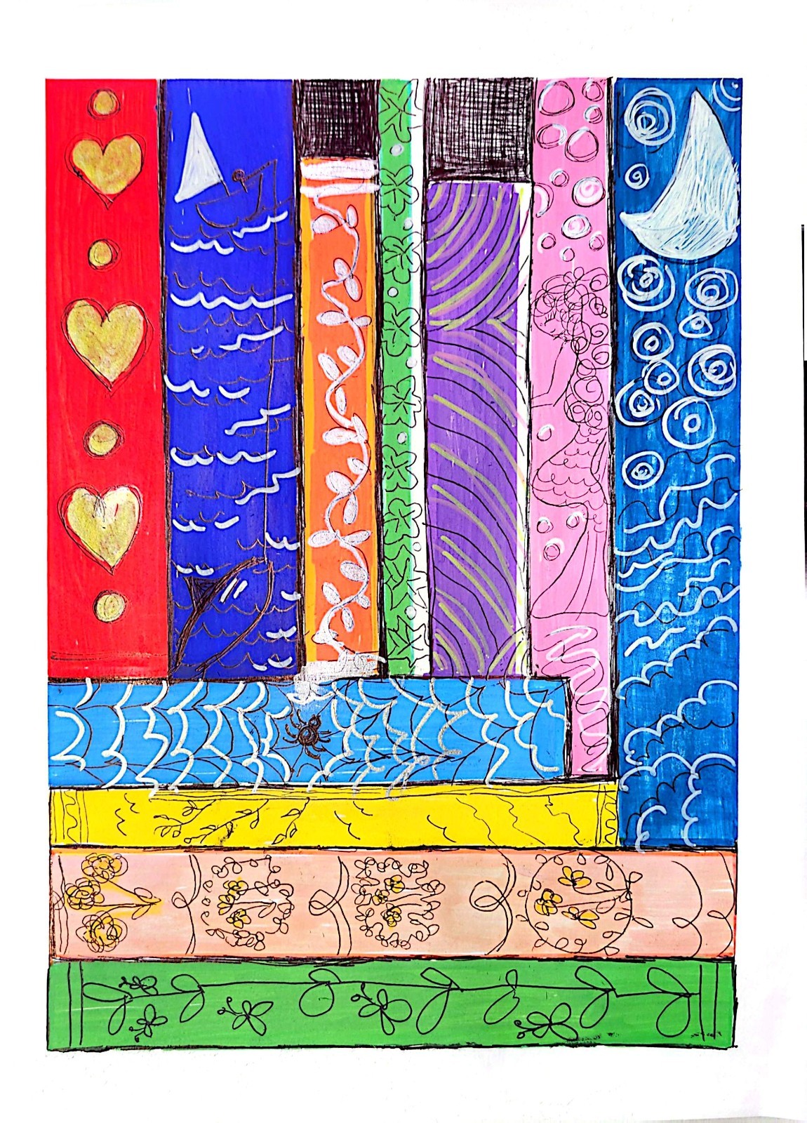 Vintage Books ColorfulOriginal Whimsical 9×12 Acrylic/Paper Signed Contemporary