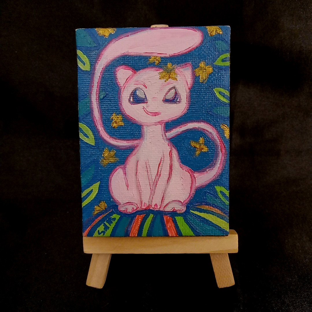 Mew Inspired Pokémon Original Oil Painting ACEO Mini Art Signed Anime 2.5/3.5